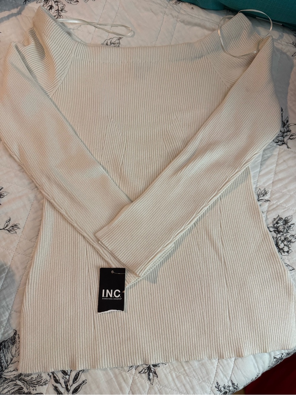 INC International Concepts Cream Off-the-Shoulder Ribbed Sweater